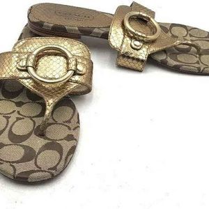 Coach Designer MONOGRAM TStrap Sandals with Logo Pattern / Brown & Gold - Size 9